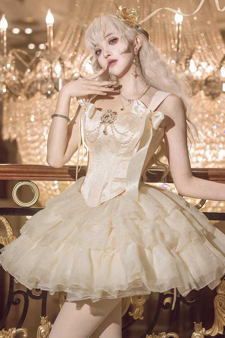 Champagne [Cream Polka Dots] Sleeveless Jacquard Bowknot Slim Sweet Ballet Lolita Skirt Dress - Champagne - 1