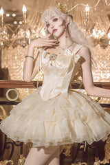 Champagne [Cream Polka Dots] Sleeveless Jacquard Bowknot Slim Sweet Ballet Lolita Skirt Dress - Champagne - 1