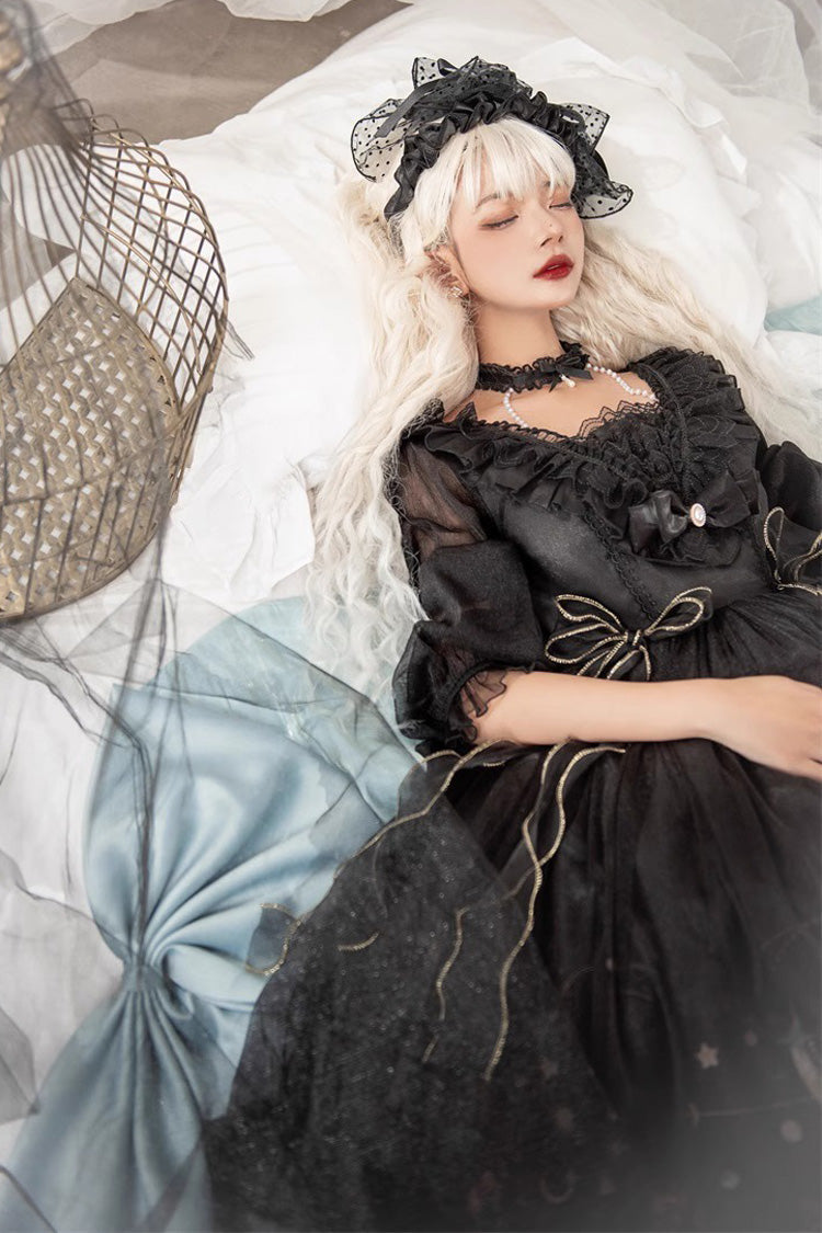 Black High Waisted Planet Butterfly Print Ruffle Lace Gothic Lolita Dress - Product - 6