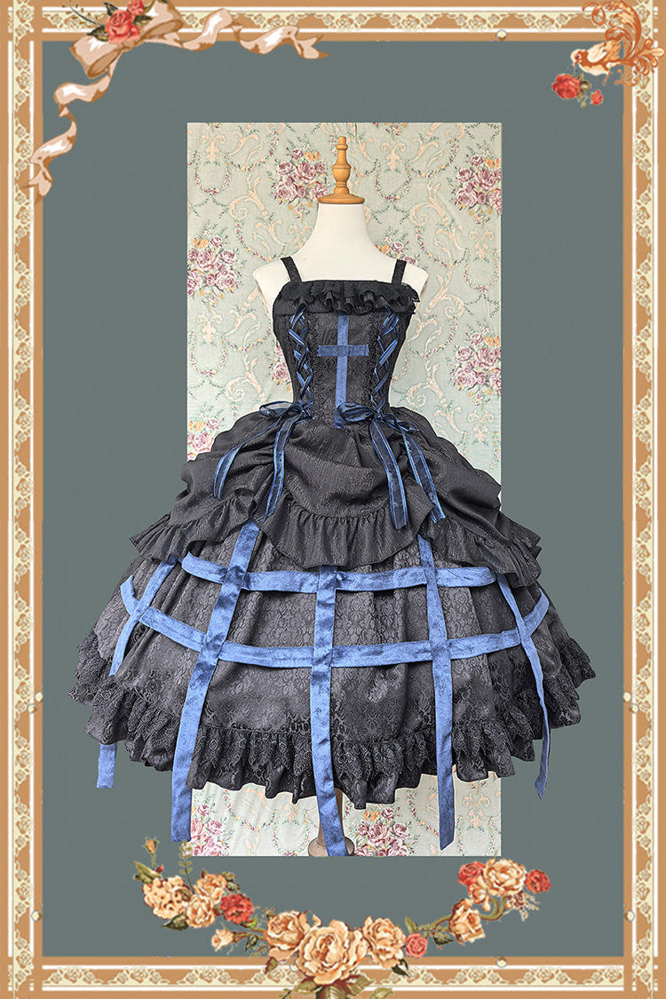 [Lilith’s Cage] Sleeveless Print Ruffle Bowknot Lace-Up Gothic Elegant Lolita Jsk Dress 2 Colors - Product - 5