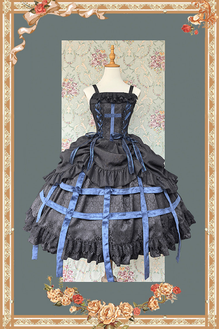 [Lilith’s Cage] Sleeveless Print Ruffle Bowknot Lace-Up Gothic Elegant Lolita Jsk Dress 2 Colors - Product - 5