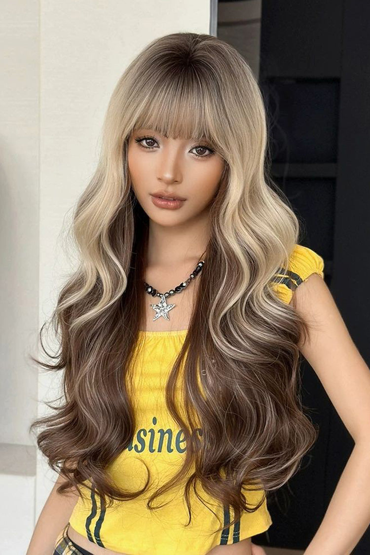 Gold‑Brown Balayage Ombre Y2K Asian Girl Vibe Seamless Sweet Lolita Long Curly Wig - Gold-Brown - 1