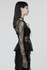 Black Long Trumpet Sleeves Lace Sheer Women's Gothic T-Shirt - Product - 2