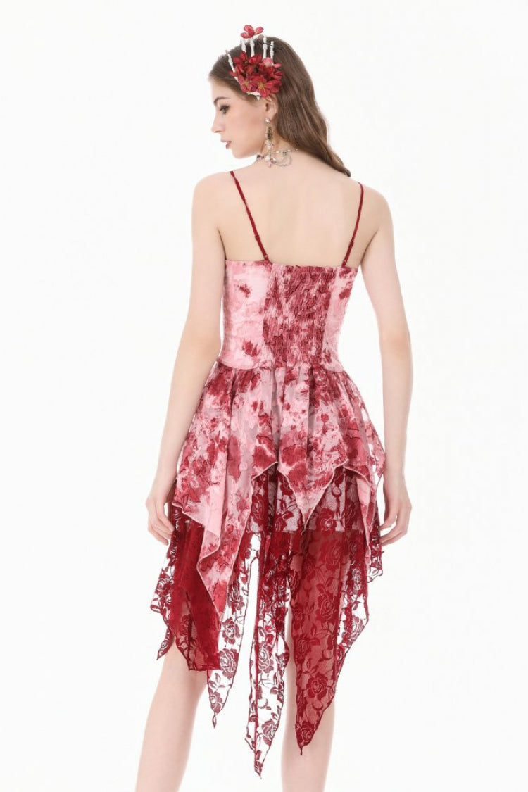 Red/White Multi-Layered Asymmetric Tie-dyed Women's Gothic Slip Dress - Product - 4