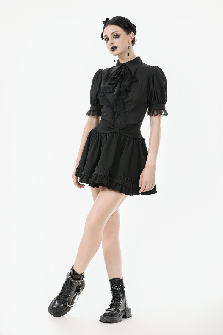 Black Point Lapel Collar Short Puff Sleeves Women's Gothic Blouse with Removable Rosette Cravat - Product - 11