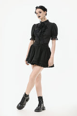Black Point Lapel Collar Short Puff Sleeves Women's Gothic Blouse with Removable Rosette Cravat - Product - 11