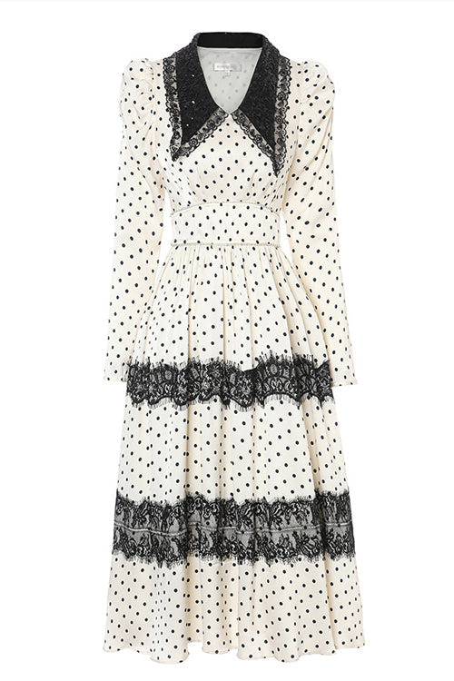 Beige/Black Doll Collar Vintage Lace Patchwork Polka Dot Print Long Sleeves High Waisted Long Sweet Lolita OP Dress - Product - 5