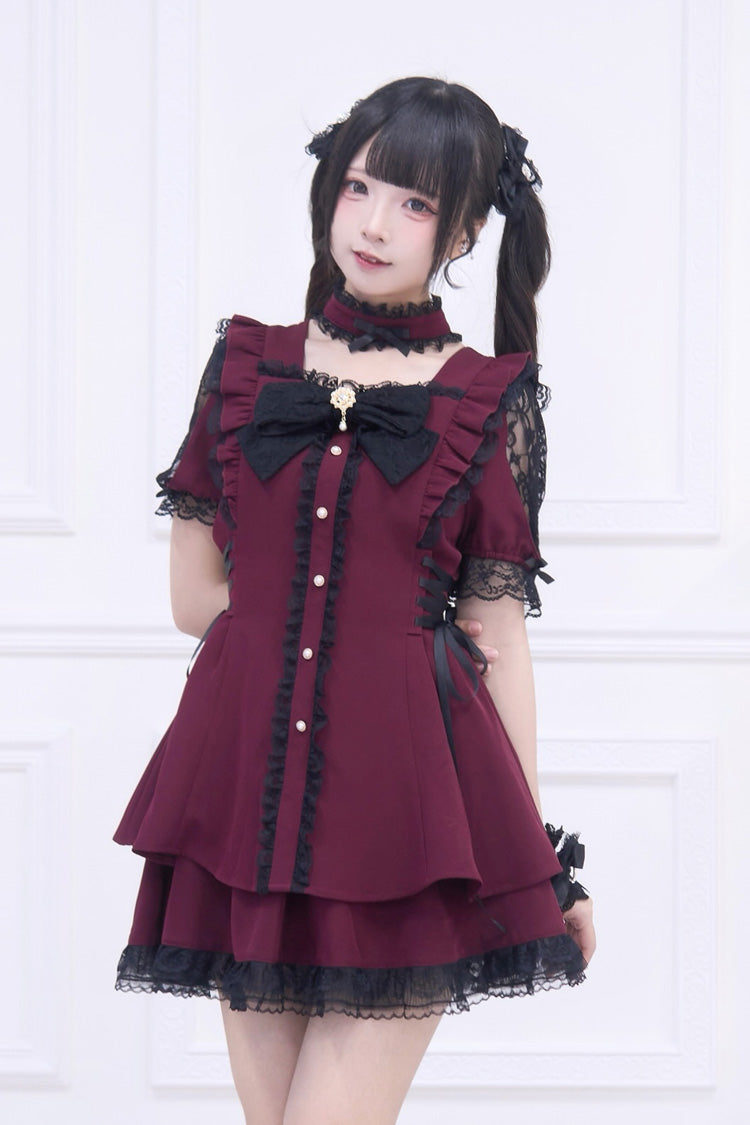 Red [Waltz] Short Sleeves Ruffle Bowknot Gothic Jirai Kei Japanese Dress Set - Product - 3