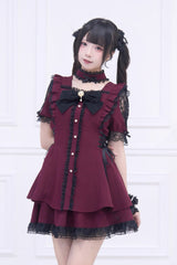 Red [Waltz] Short Sleeves Ruffle Bowknot Gothic Jirai Kei Japanese Dress Set - Product - 3