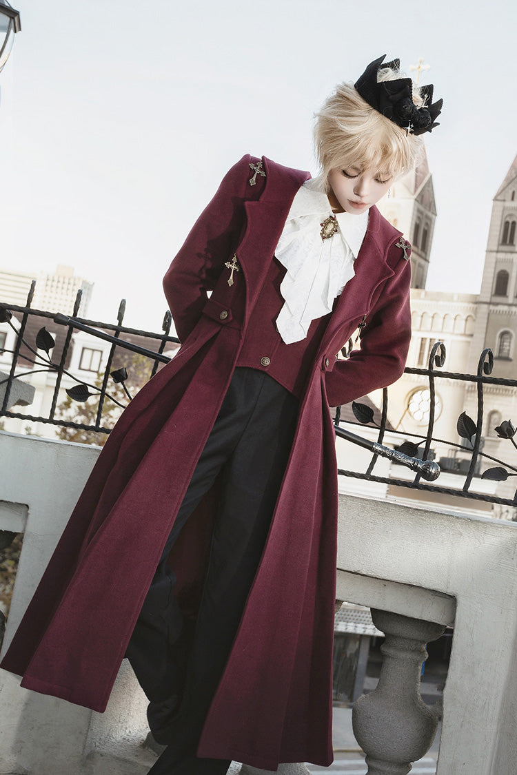 Dark Red [The Legend of Dracula] Long Sleeves Gothic Prince Handsome Cool Ouji Lolita Coat - Product - 9