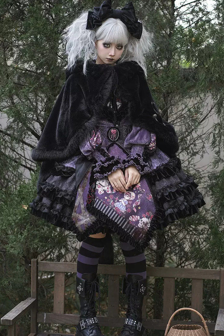 [Werewolf] Fairy Tale Lapel Collar Long Sleeves Printed Ruffled Open-Front Lace Heavy-Detailed Gothic Lolita Skirt Set (Red, Grey, Purple) - Product - 12
