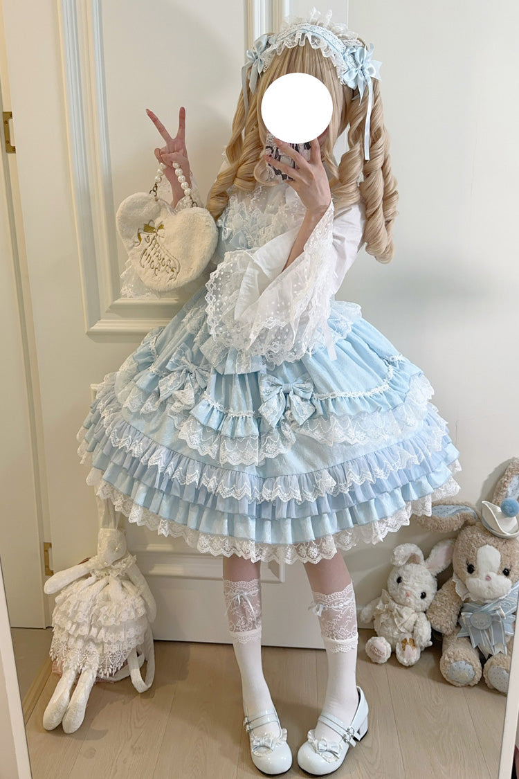 Blue Multi-Layered Ruffle Bowknot Stitching Lace Sweet Lolita Jsk Dress - Product - 7
