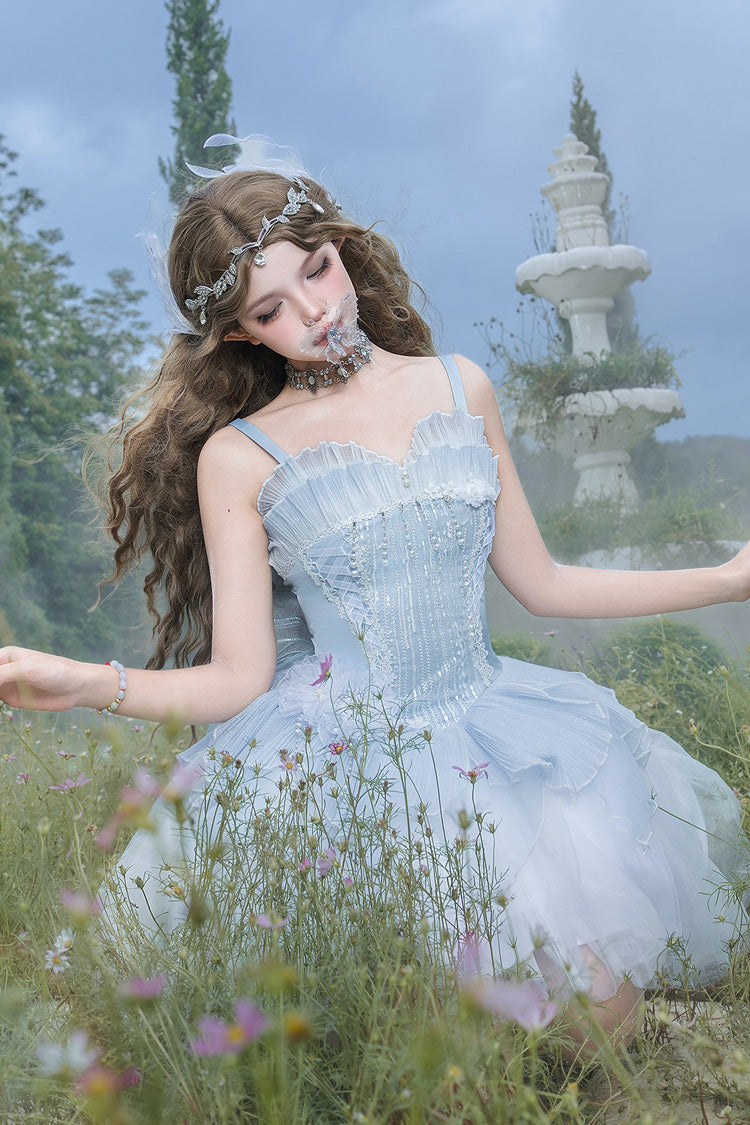 Blue [Spirit in the Mist] Square Collar Sleeveless Ruffled Pearl Detail Sweet Elegant Lolita Jsk Dress - Product - 12