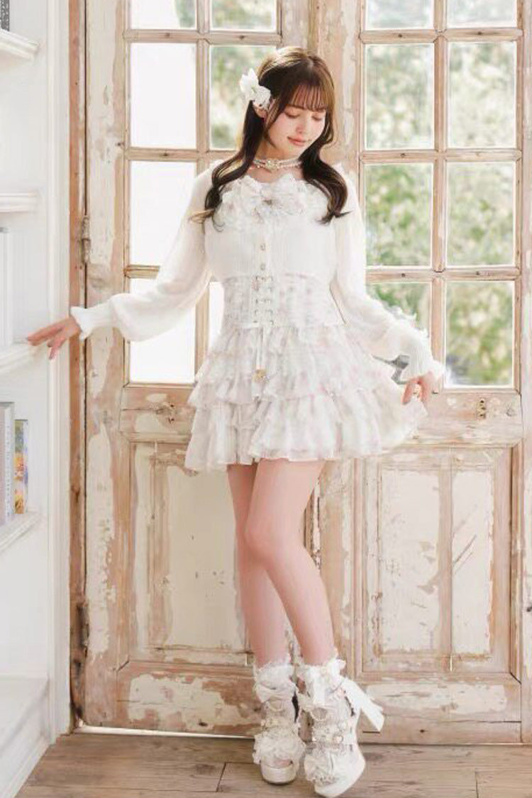 Jirai Kei Long Sleeves Multi-Layered Printed Ruffled Bow Sweet Dress 3 Colors - Product - 5