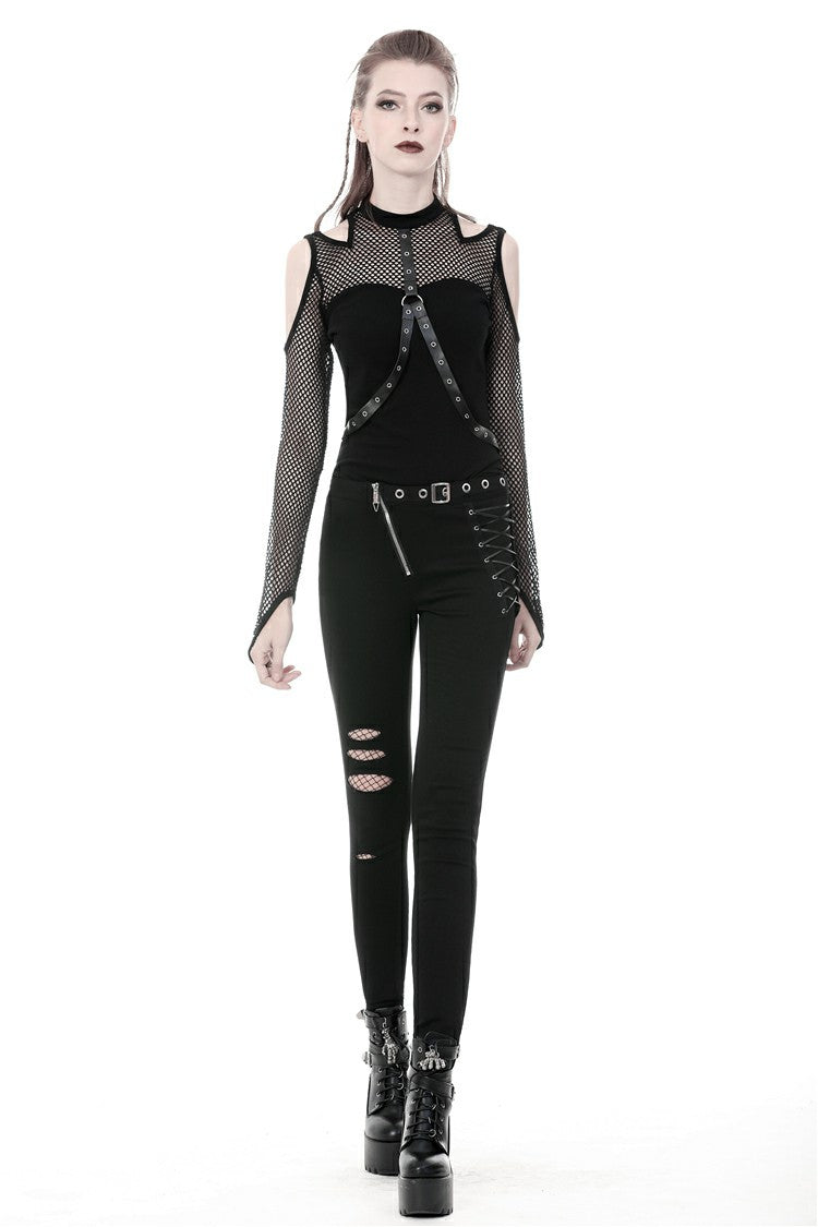 Black Off Shoulder Long Sleeves Mesh Crossed Harness Straps Eyelet Sexy Women's Punk Top - Product - 6