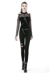 Black Off Shoulder Long Sleeves Mesh Crossed Harness Straps Eyelet Sexy Women's Punk Top - Product - 6