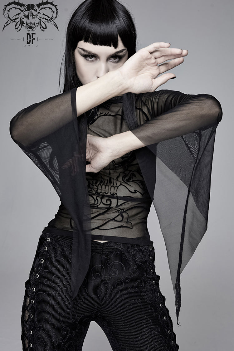 Black Mesh Horn Sleeve Snake Flocking Printed Women's Gothic Shirt - Product - 3