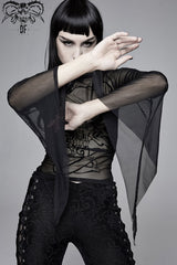 Black Mesh Horn Sleeve Snake Flocking Printed Women's Gothic Shirt - Product - 3