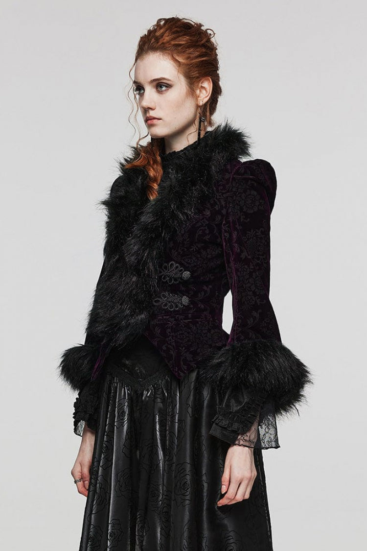 Women's V Collar Long Sleeves Faux Fur Stitching Gothic Coat 4 Colors - Product - 16