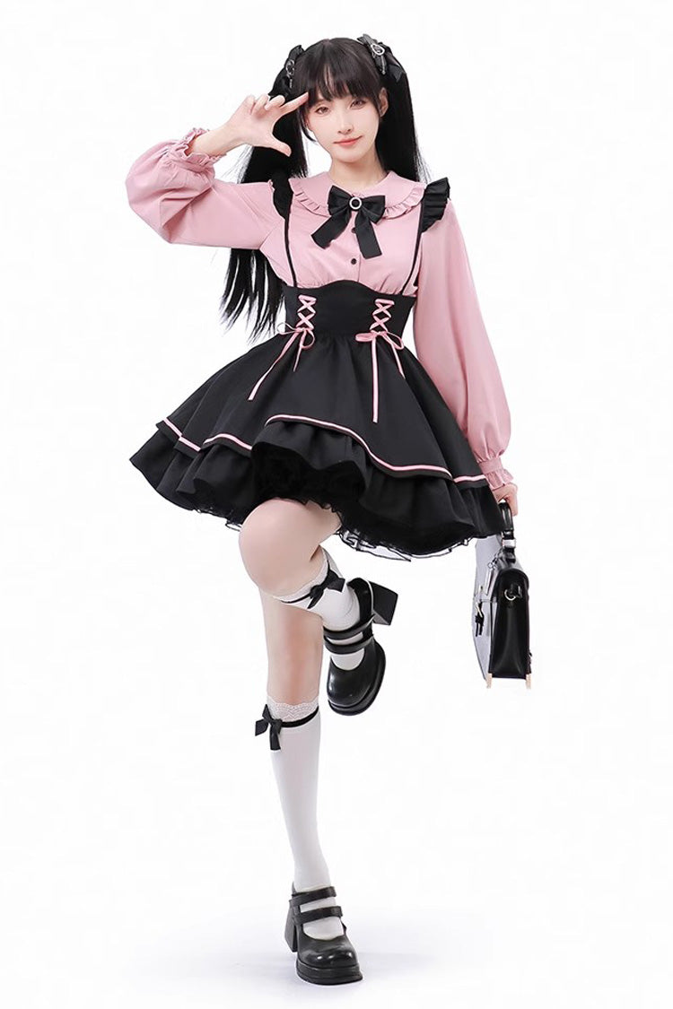 Black/Pink First Sakura Long Sleeves Multi-layer Lace-Up Sweet Jirai Kei Japanese Set - Product - 3