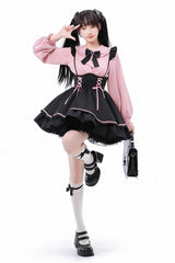 Black/Pink First Sakura Long Sleeves Multi-layer Lace-Up Sweet Jirai Kei Japanese Set - Product - 3