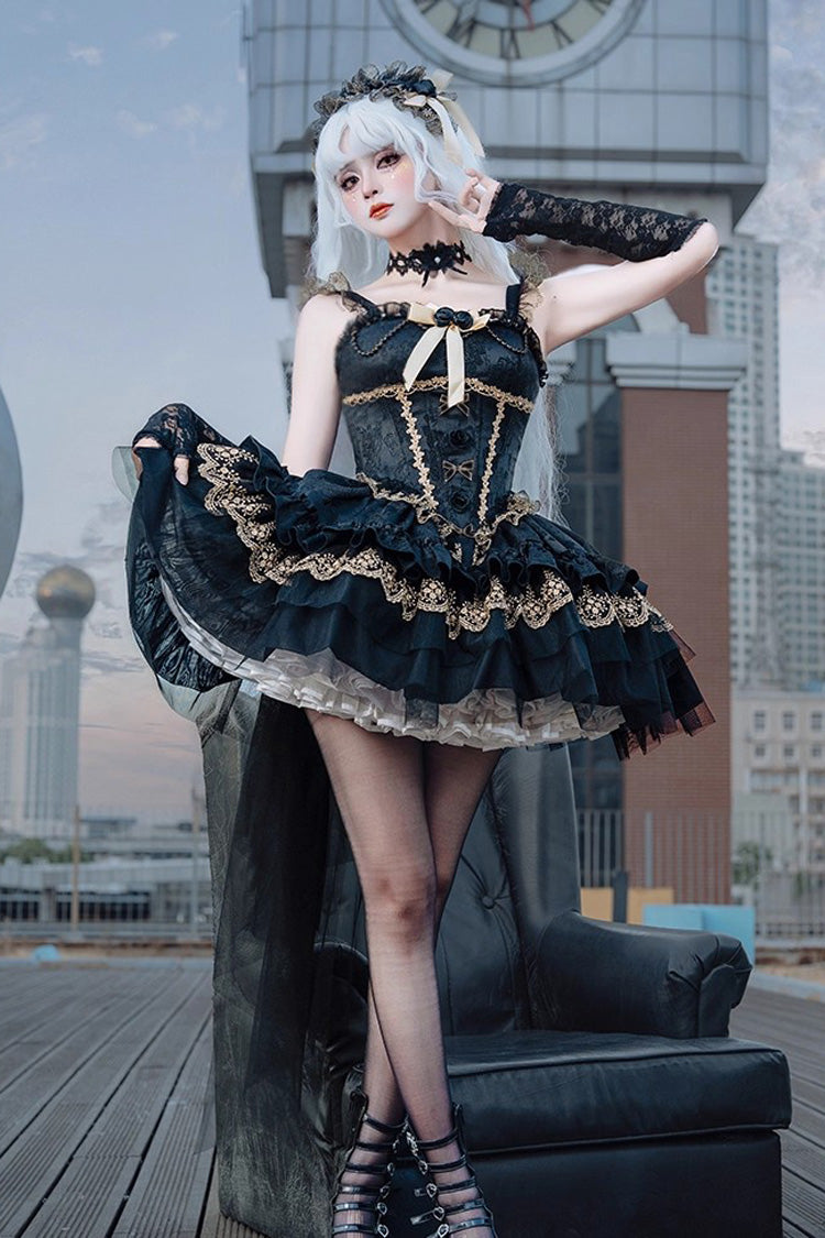 Black [Fleeting Light and Shallow Dream] Sleeveless Multi-Layered Ruffle Bowknot Lace Slim Gothic Ballet Lolita Jsk Dress - Product - 6