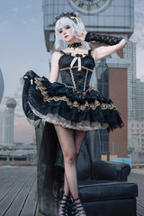 Black [Fleeting Light and Shallow Dream] Sleeveless Multi-Layered Ruffle Bowknot Lace Slim Gothic Ballet Lolita Jsk Dress - Product - 6