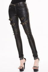 Black/Bronze Metal Zipper Decoration Metal Buckle Leather Leg Loop Leather Women's Punk Pants - Product - 2