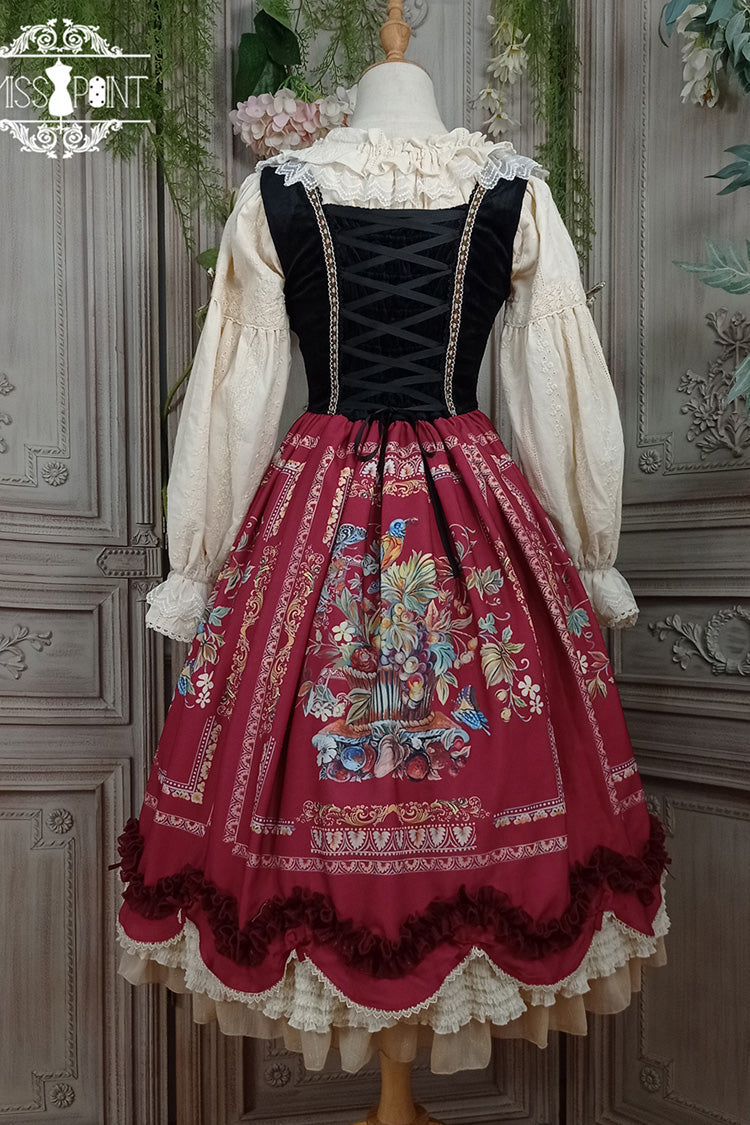 Wine Red [Ode to Plenty] Berries and Birds Print Ruffle Bowknot Velvet Classic Lolita Breast Support Jsk Dress - Product - 5