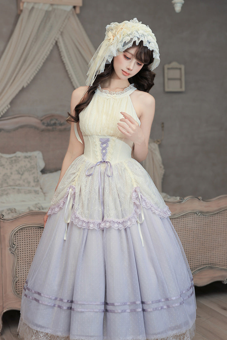 [Tulip Scent] Halterneck Sleeveless Printed Ruffled Lace Lace-Up Fishbone Sweet Lolita Jsk Dress Set (Pink/Purple 2 Colors) - Product - 21