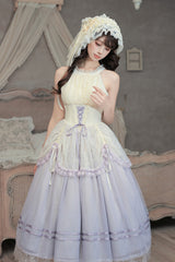 [Tulip Scent] Halterneck Sleeveless Printed Ruffled Lace Lace-Up Fishbone Sweet Lolita Jsk Dress Set (Pink/Purple 2 Colors) - Product - 21