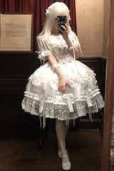 White Short Sleeves Ruffle Bowknot Lace Gothic Elegant Lolita Dress - Product - 7
