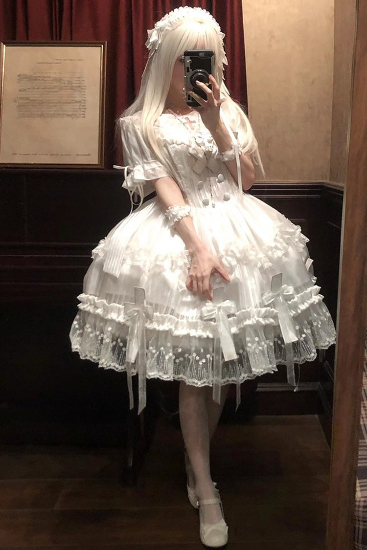 White Short Sleeves Ruffle Bowknot Lace Gothic Elegant Lolita Dress - Product - 7