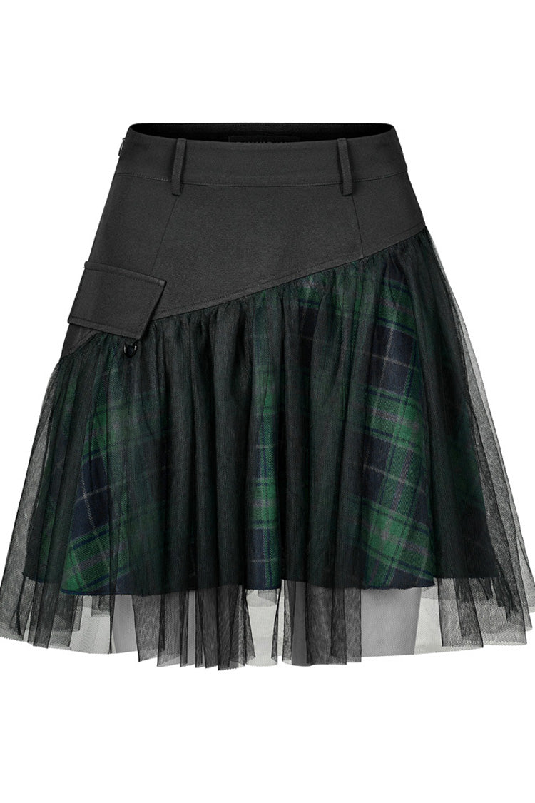 Green Cotton Splicing Mesh Plaid Personalized Pocket Decoration Waist Punk Women's Short Skirt - Product - 5