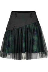 Green Cotton Splicing Mesh Plaid Personalized Pocket Decoration Waist Punk Women's Short Skirt - Product - 5