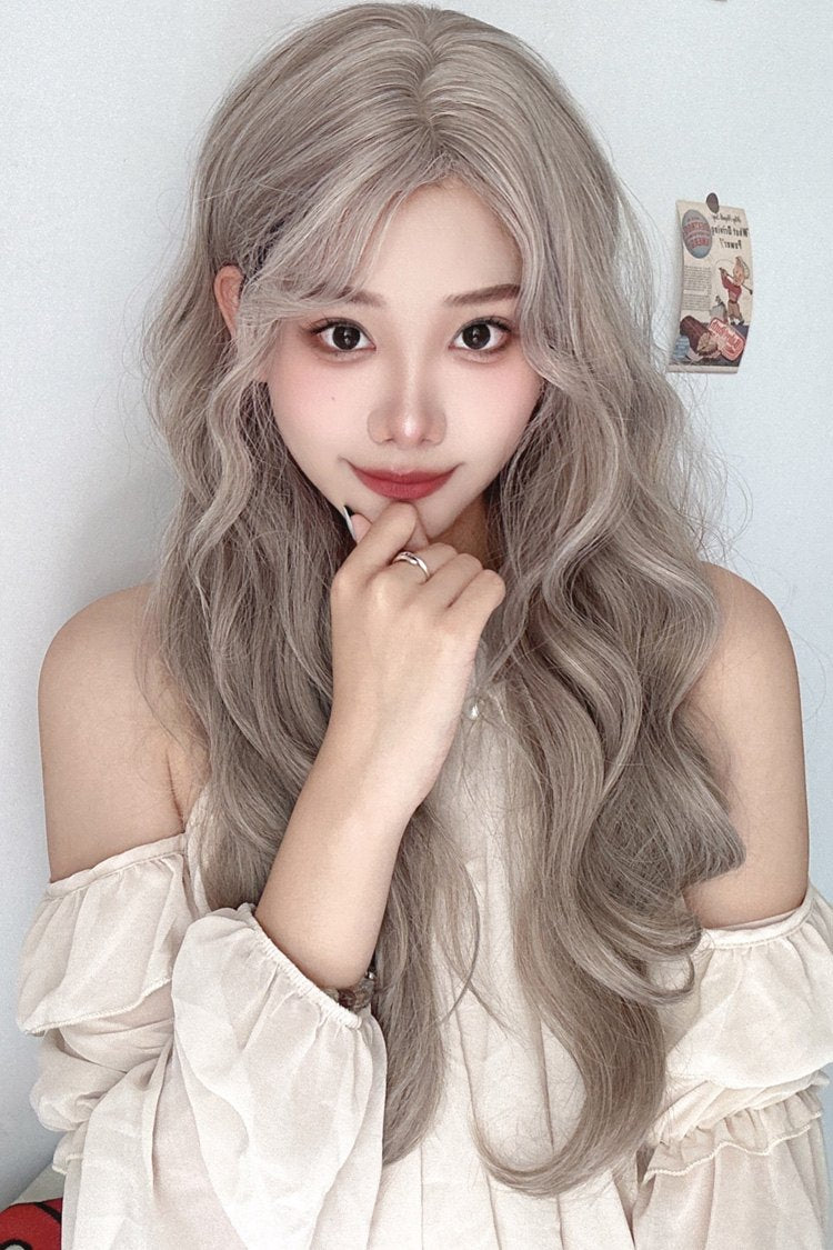 Beige Brown Sweet Lolita Long Wavy Wig with Curved Bangs - Product - 3
