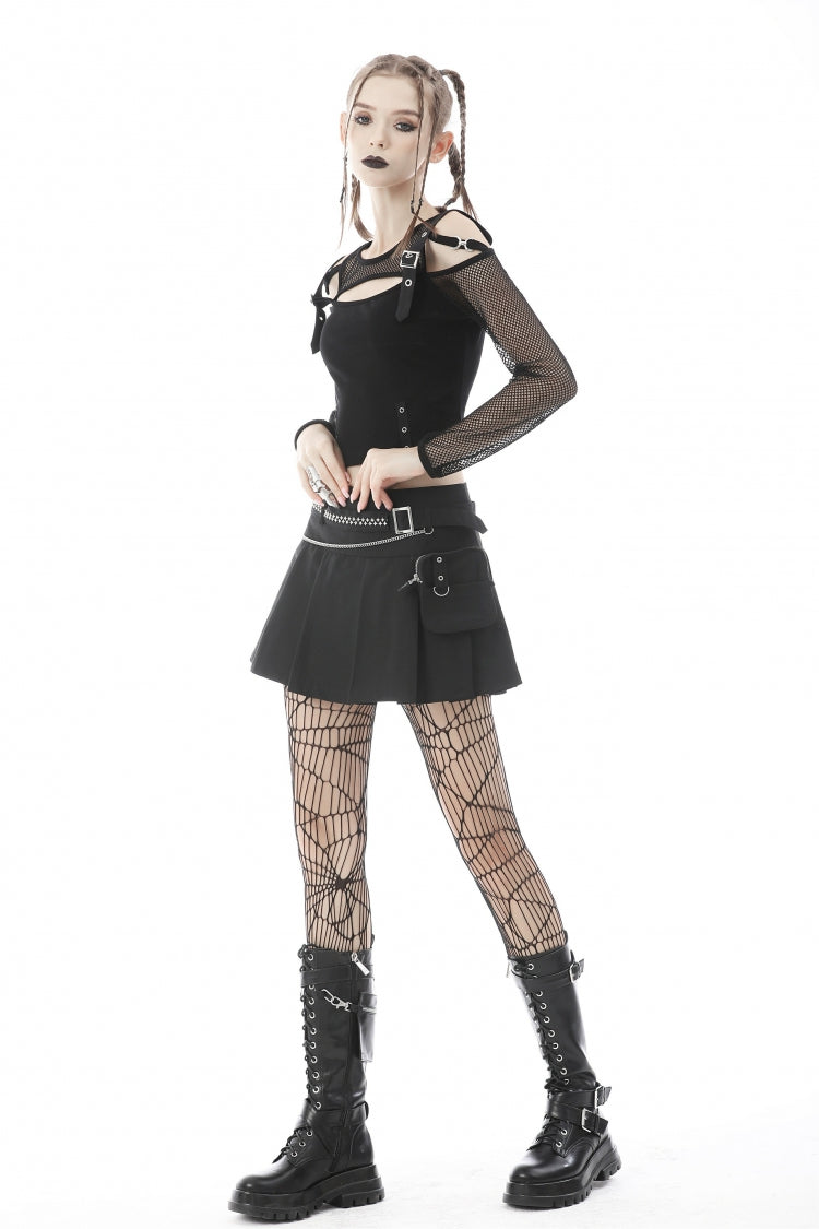 Black Pleated Big-pocket Chain-Decorated Women's Punk Mini Skirt with Belt - Product - 4