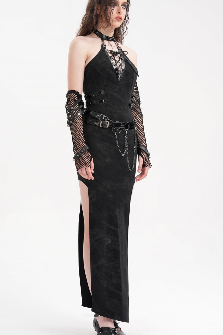 Black Chains Buckle-up Halterneck Hollow Lace-Up Women's Gothic Strap Maxi Dress - Product - 7
