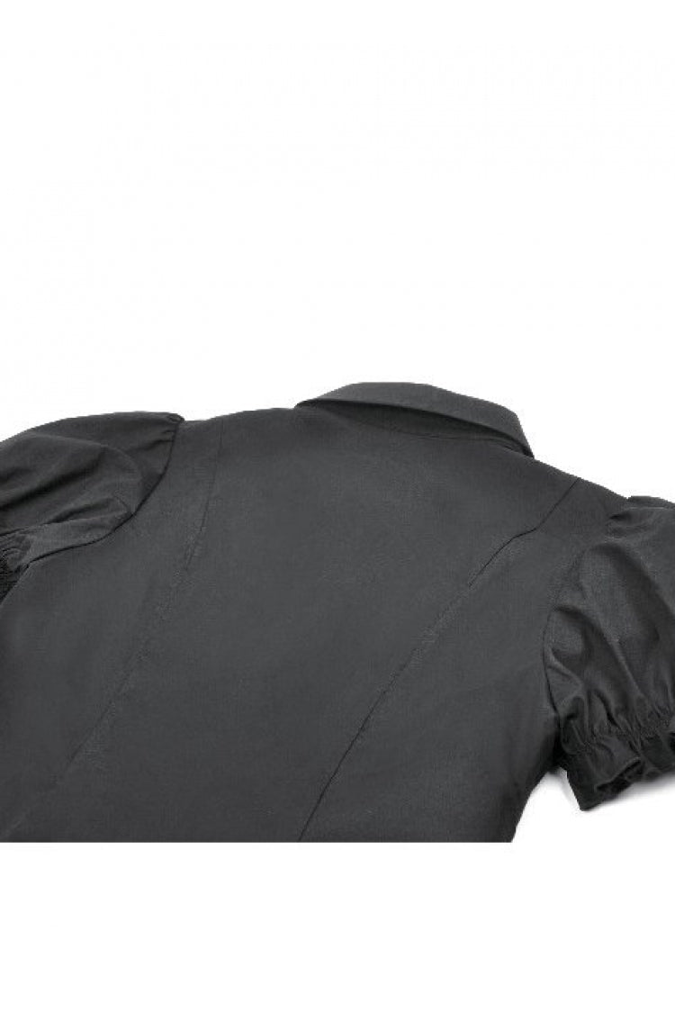Black Pointed Turn‑down Collar Ruffled Short Puff Sleeves Pleated Women's Gothic Victorian Slim Blouse - Product - 16