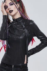 Black Punk Shimmery Stretch Fabric With Zipper Metal Pentagram Pendant Women's Shirt - Product - 8