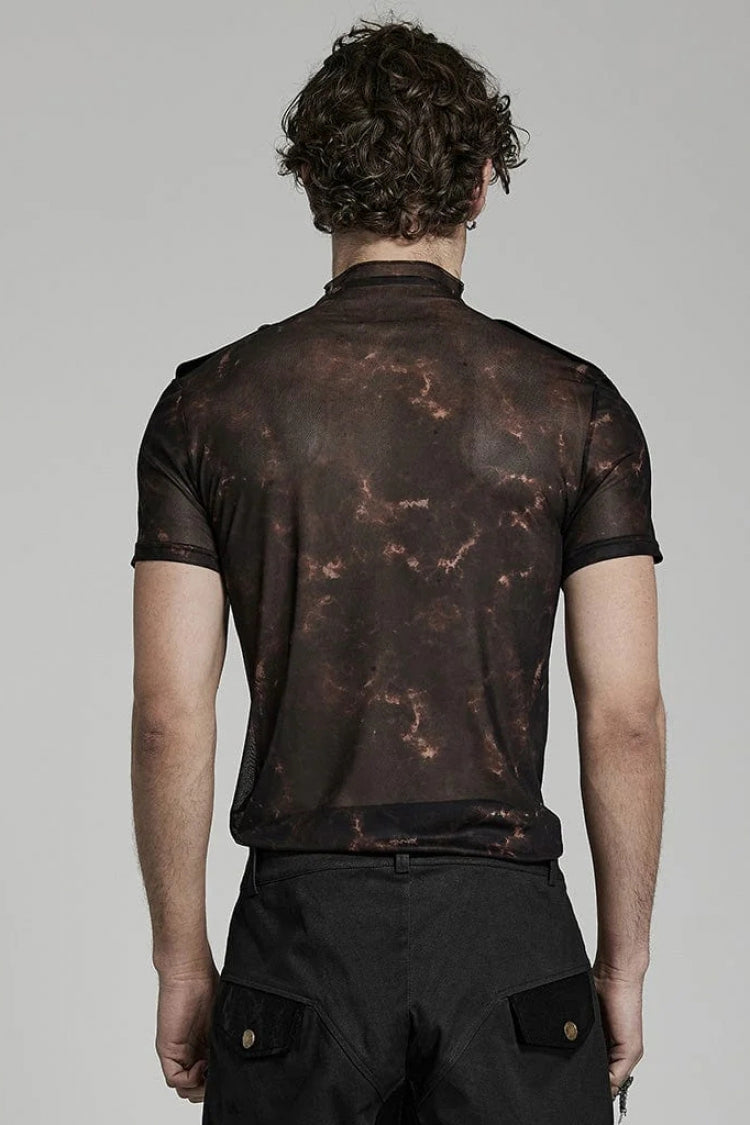 Stand Collar Short Sleeves Print Slim Mens Steampunk T-Shirt 2 Colors - Product - 10