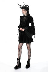 Black Women's Gothic Cross Lace Ruffled Stand Collar Long Flared Sleeves Lace-Up Velvet Dress - Product - 2