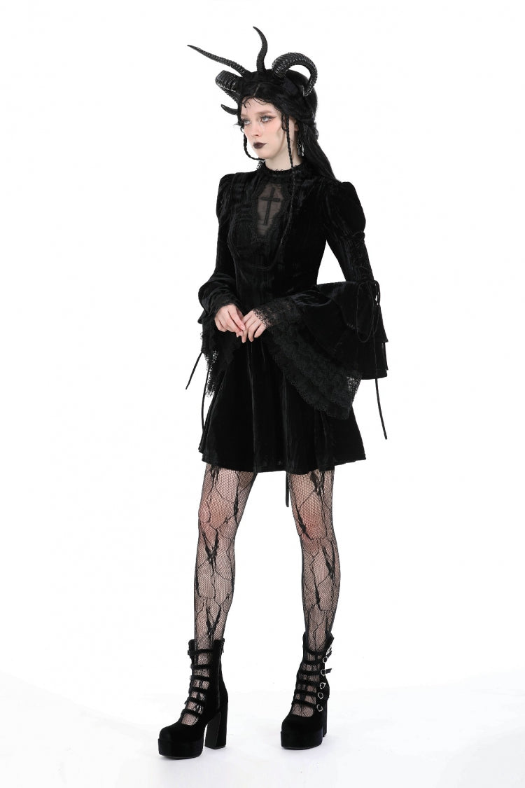 Black Women's Gothic Cross Lace Ruffled Stand Collar Long Flared Sleeves Lace-Up Velvet Dress - Product - 2
