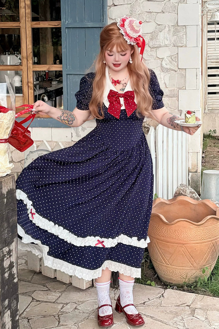 Blue V Collar Short Sleeves Polka Dot Printed Ruffled Bow Lace Classic Plus Size Preppy Style Lolita Dress - Blue - 1
