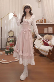 Pink [Sakura Milk Cake] Long Sleeves Double-Layered Bow Lace Sweet Princess Lolita Dress - Pink - 1