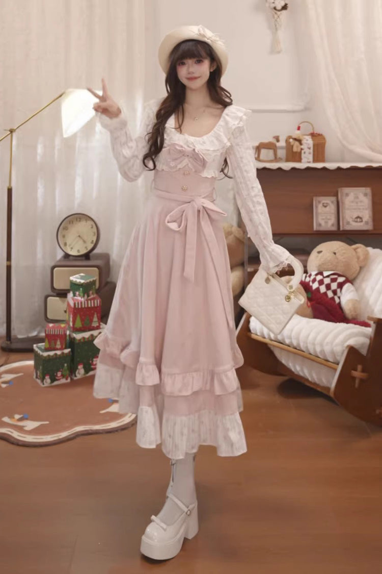Pink [Sakura Milk Cake] Long Sleeves Double-Layered Bow Lace Sweet Princess Lolita Dress - Pink - 1