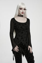 Black Round Collar Long Sleeves Jacquard Lace-Up Asymmetric Women's Gothic Elegant Top - Product - 7