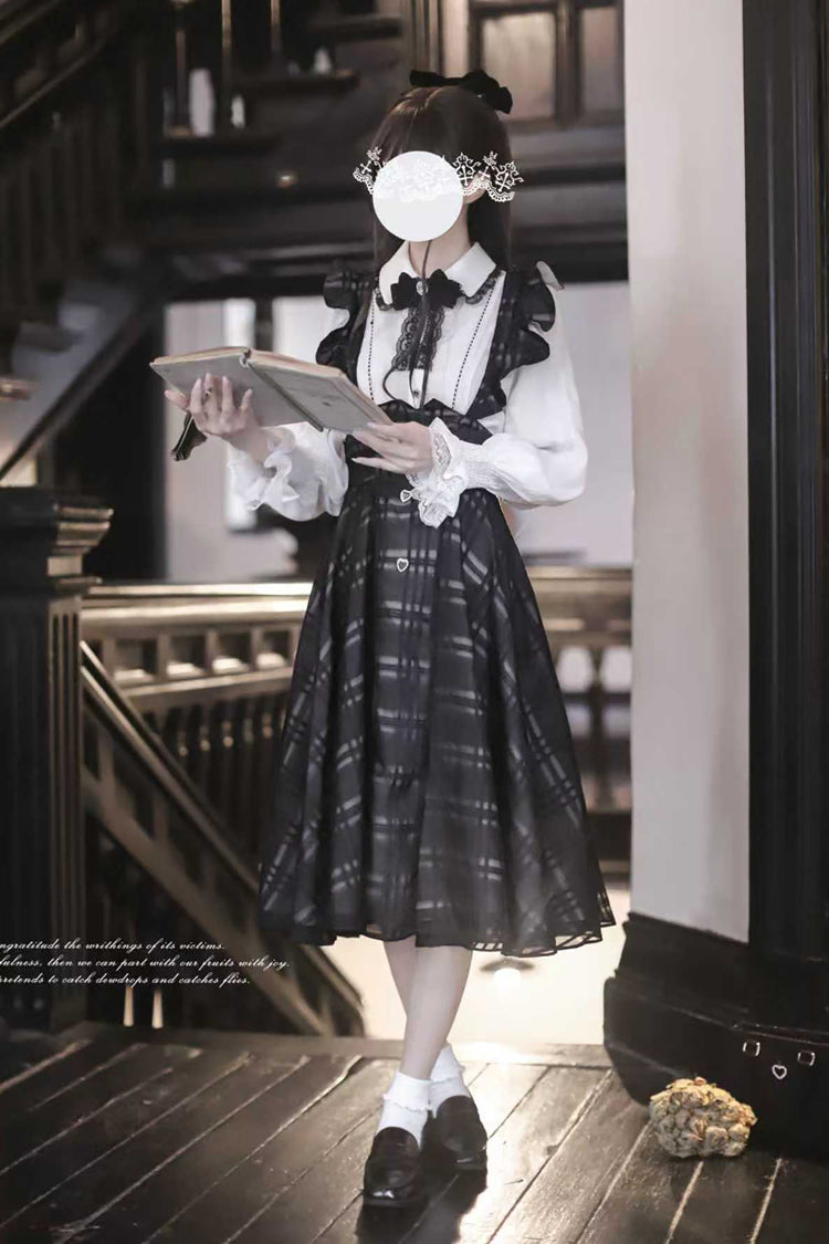Black Plaid Print Classic College Style Elegant Lolita Strap Dress - Product - 10