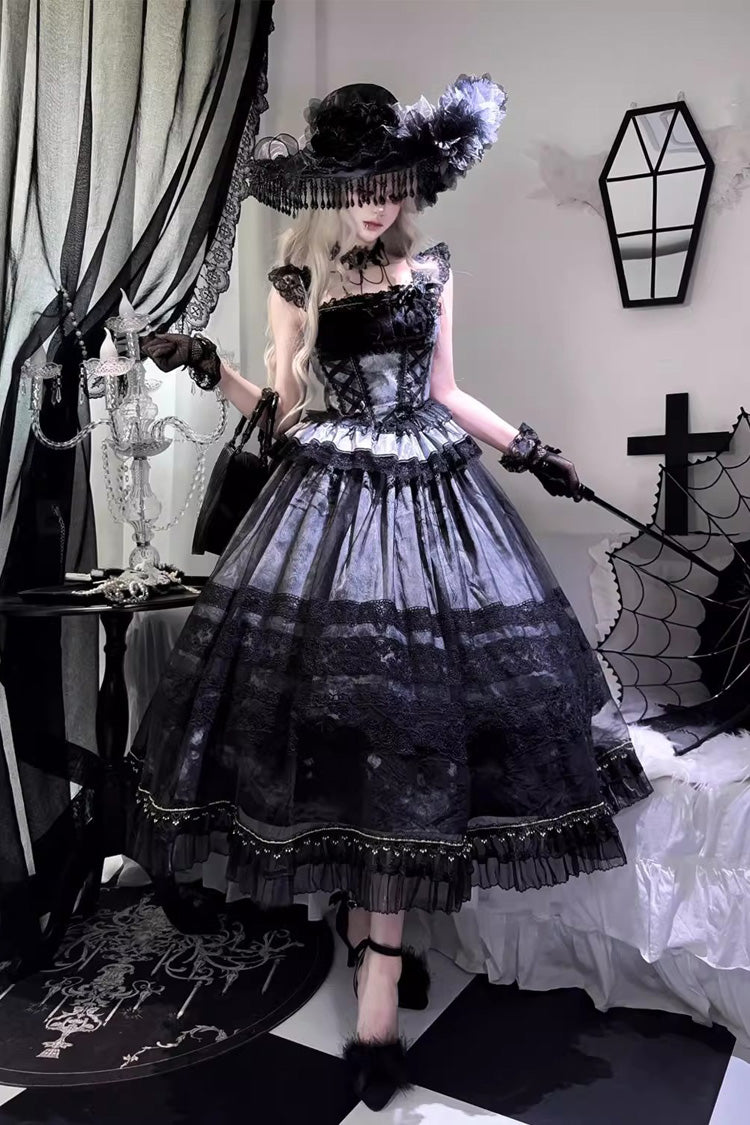 Grey/Blue [Mist-shrouded Vineyard] Sleeveless Ruffle Bowknot Lace-Up Sweet Lolita Jsk Skirt Dress Set - Product - 4