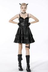 Black Sleeveless Layered Buckled Zippered Women's Gothic Faux Leather Strap Dress - Product - 10
